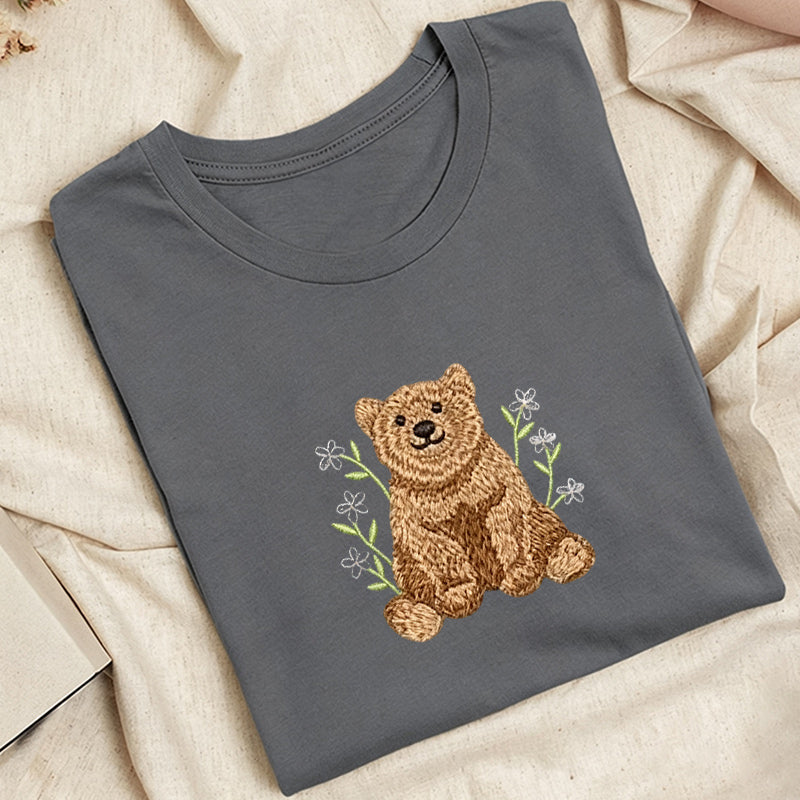 Embroidered Floral Bear Classic Adult Unisex Crew Neck T-Shirt