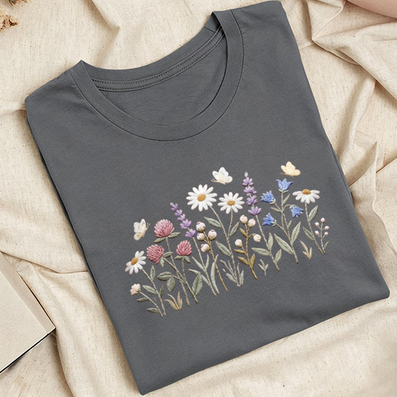 Embroidered Wildflower Classic Adult Unisex Crew Neck T-Shirt