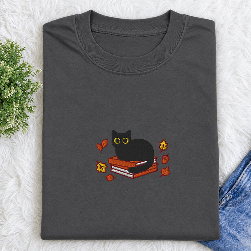 Embroidered Autumn Black Cat Book Classic Crew Neck T-Shirt
