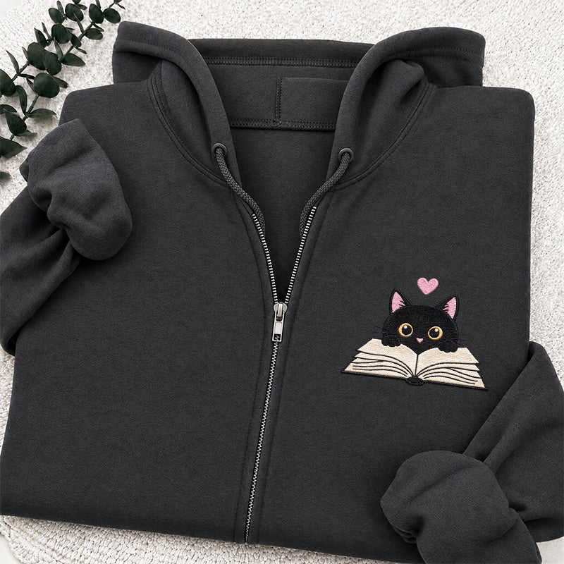 Embroidered Reading Black Cat Classic Adult Unisex Full Zip Hoodie