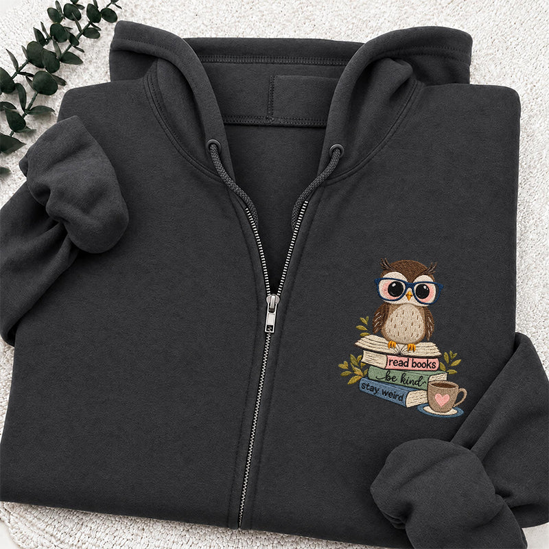 Embroidered Read Books Be Kind Owl Classic Full Zip Hoodie