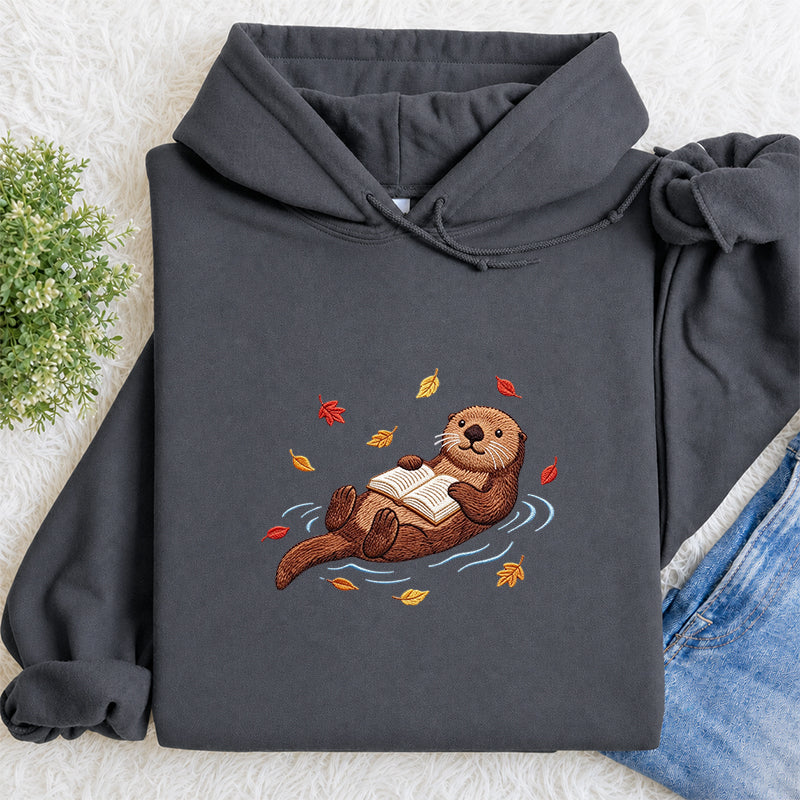 Embroidered Otter Reading Books Classic Adult Unisex Hoodie