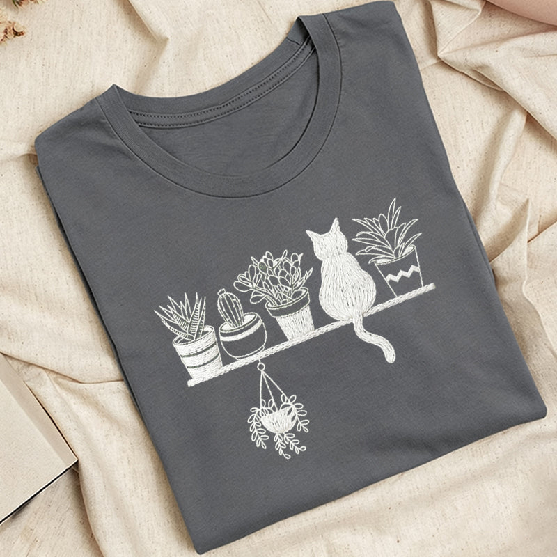 Embroidered Cats And Plants Classic Adult Unisex Crew Neck T-Shirt