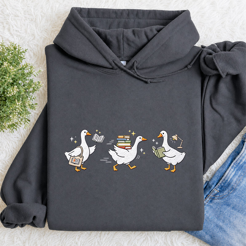 Embroidered Goose Reading Books Classic Adult Unisex Hoodie