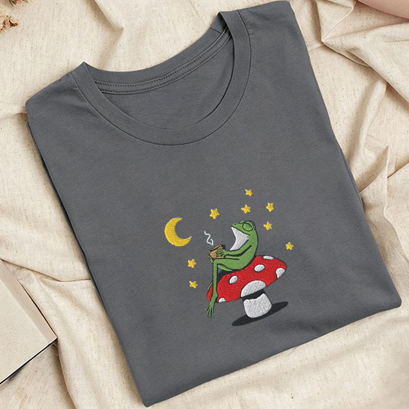 Embroidered Frog Night With Coffee Classic Adult Unisex Crew Neck T-Shirt