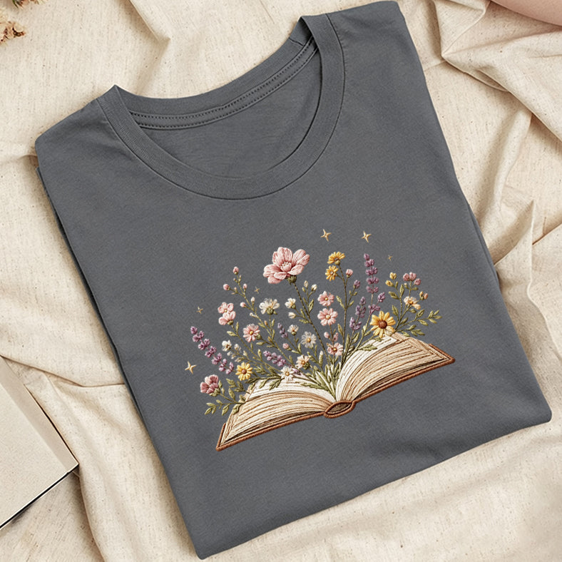 Embroidered Floral Book Classic Adult Unisex Crew Neck T-Shirt