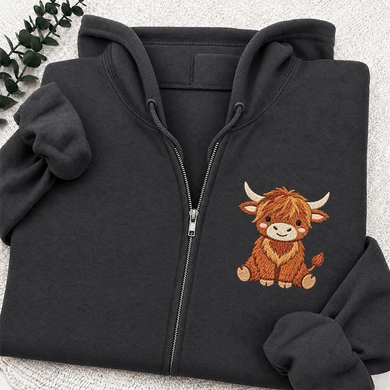 Embroidered Highland Cow Classic Full Zip Hoodie