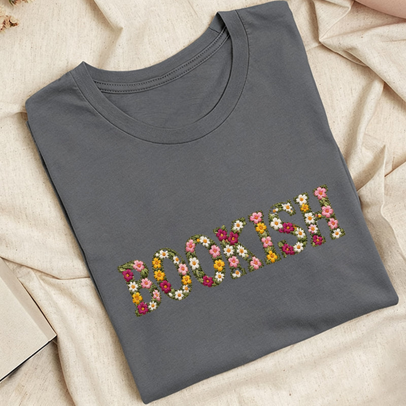 Embroidered Floral Bookish Classic Adult Unisex Crew Neck T-Shirt