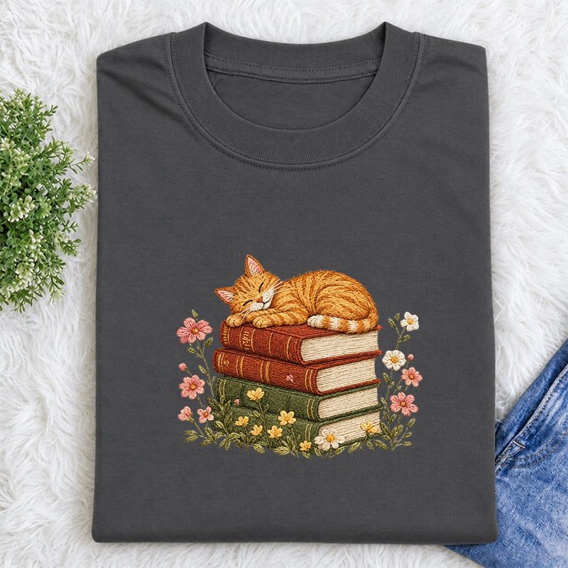 Embroidered Cat Sleeping On Books Classic Crew Neck T-Shirt
