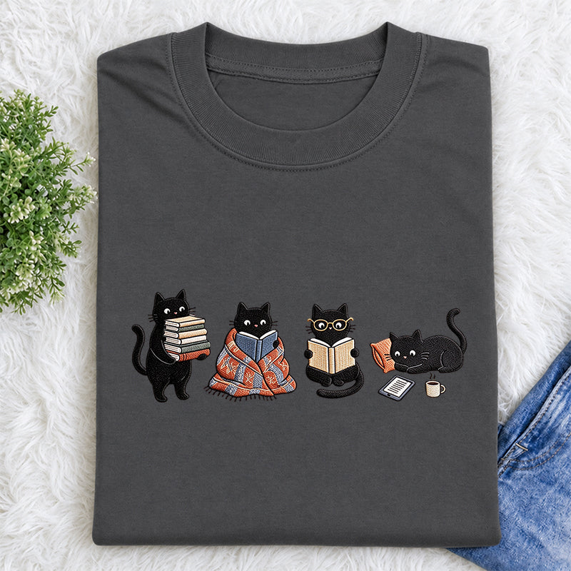 Embroidered Bookish Black Cats Classic Crew Neck T-Shirt