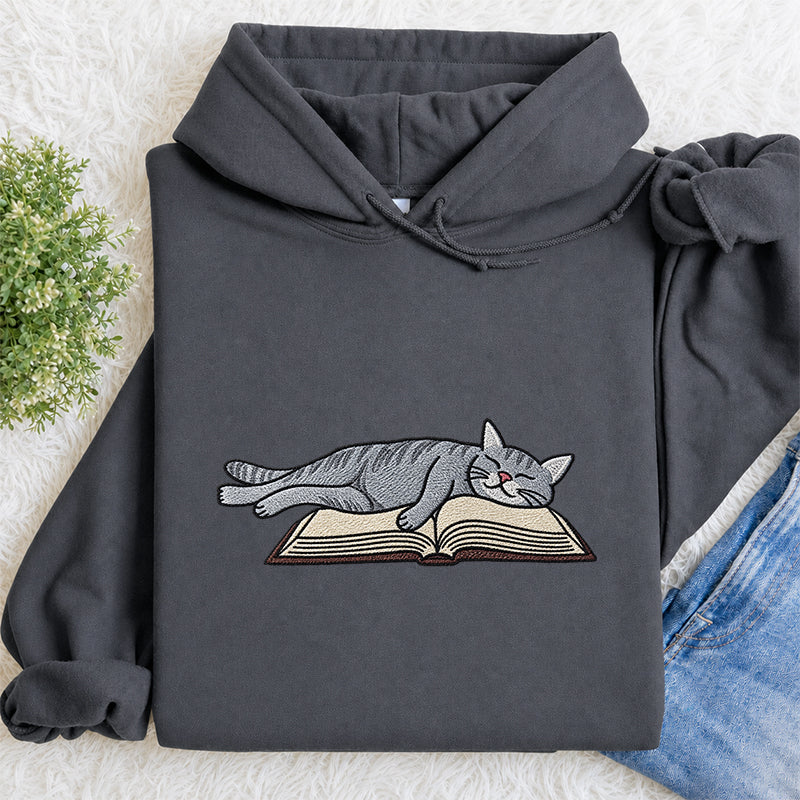 Embroidered Cat Sleeping On Book Classic Adult Unisex Hoodie