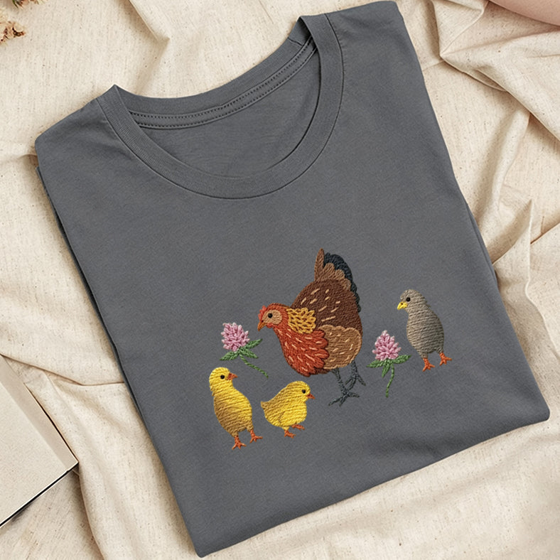 Embroidered Hen & Chicks Classic Adult Unisex Crew Neck T-Shirt