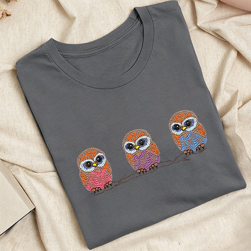 Embroidered Cute Owl Classic Adult Unisex Crew Neck T-Shirt