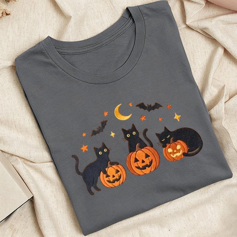 Embroidered Black Cats Pumpkins Classic Adult Unisex Crew Neck T-Shirt