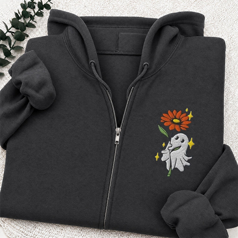 Embroidered Ghost Holding a Flower Classic Adult Unisex Full Zip Hoodie