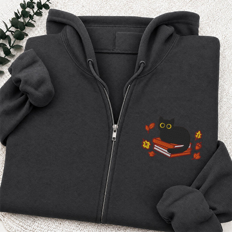 Embroidered Autumn Black Cat Book Classic Adult Unisex Full Zip Hoodie