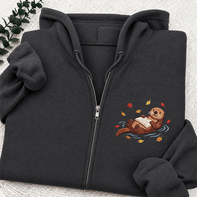 Embroidered Otter Reading Book Classic Full Zip Hoodie