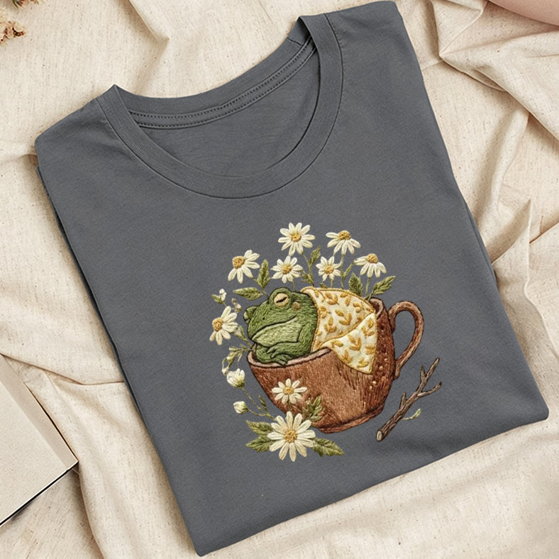 Embroidered Frog in Teacup Classic Adult Unisex Crew Neck T-Shirt