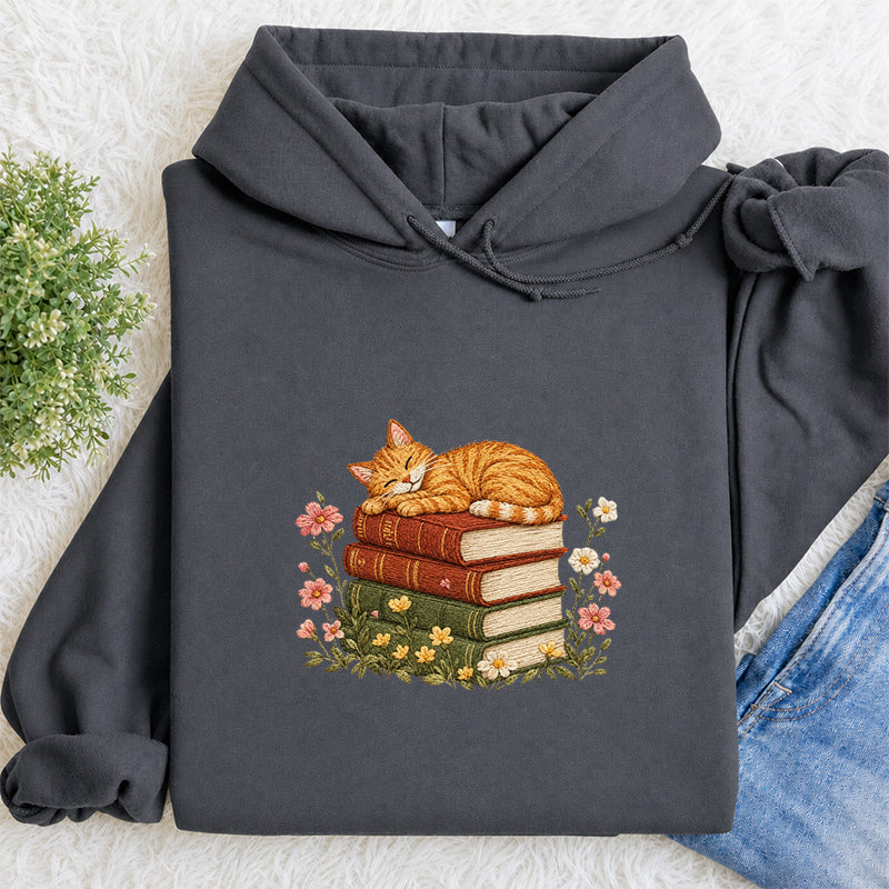 Embroidered Cat Sleeping On Books Classic Adult Unisex Hoodie