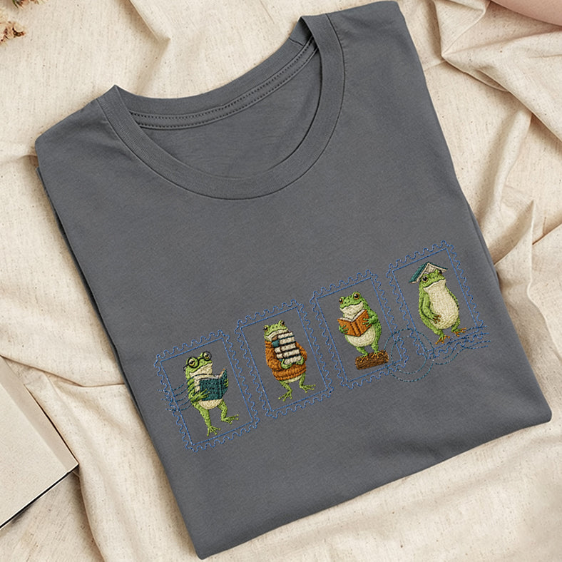 Embroidered Bookish Frog Stamp Classic Adult Unisex Crew Neck T-Shirt
