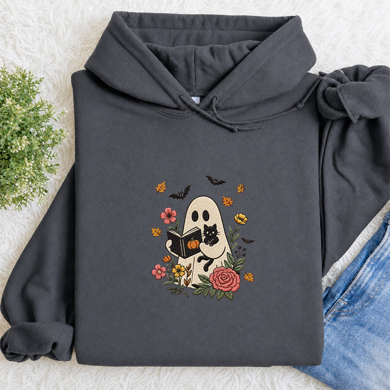 Embroidered Floral Ghost Reading Classic Adult Unisex Hoodie