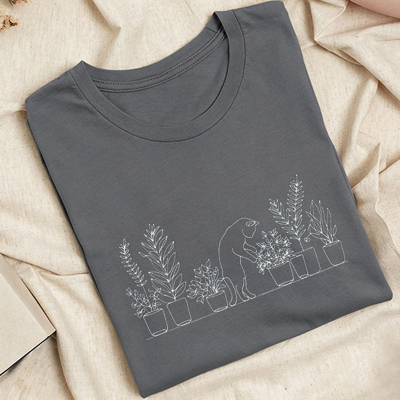 Embroidered Cat and Plant Lover Classic Adult Unisex Crew Neck T-Shirt
