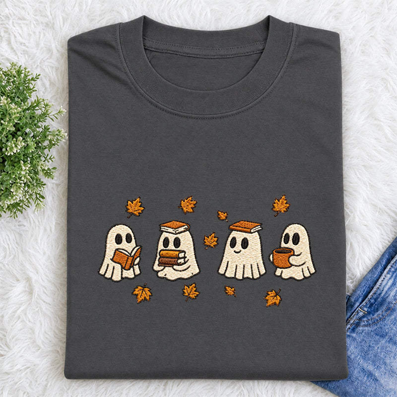 Embroidered Autumn Bookish Ghost Classic Crew Neck T-Shirt