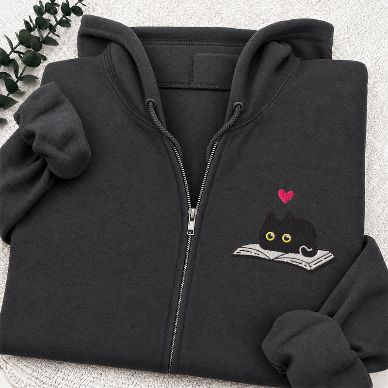 Embroidered Black Cat and Book Classic Adult Unisex Full Zip Hoodie