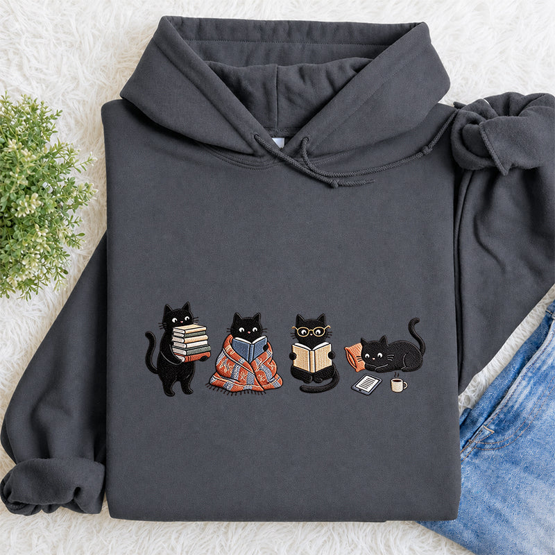 Embroidered Bookish Black Cats Classic Adult Unisex Hoodie