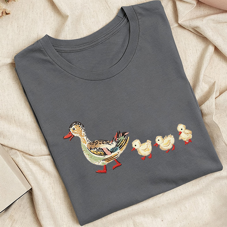 Embroidered Art Mama Duck & Ducklings Classic Adult Unisex Crew Neck T-Shirt