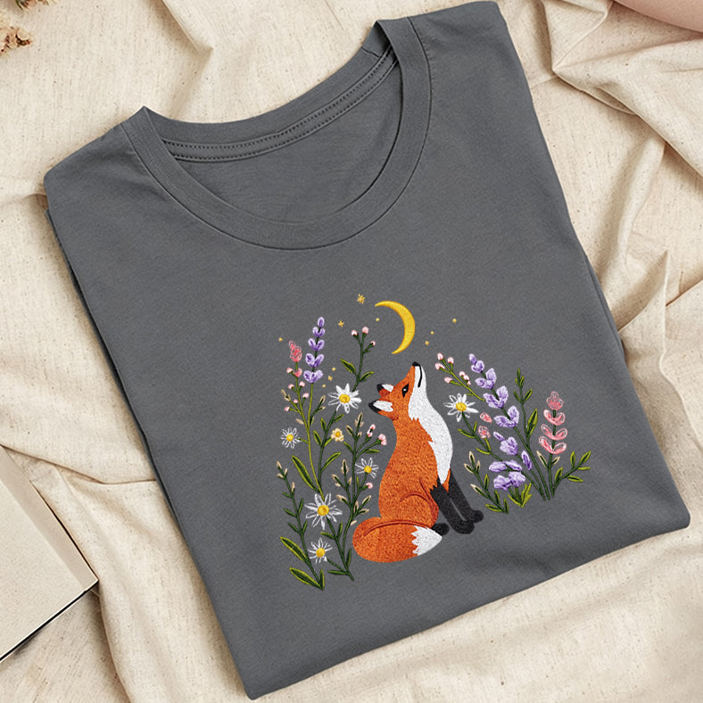 Embroidered Fox Wildflower Classic Adult Unisex Crew Neck T-Shirt