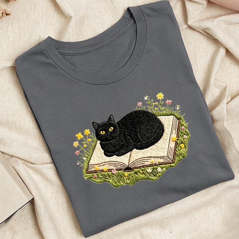 Embroidered Black Cat Book Classic Adult Unisex Crew Neck T-Shirt