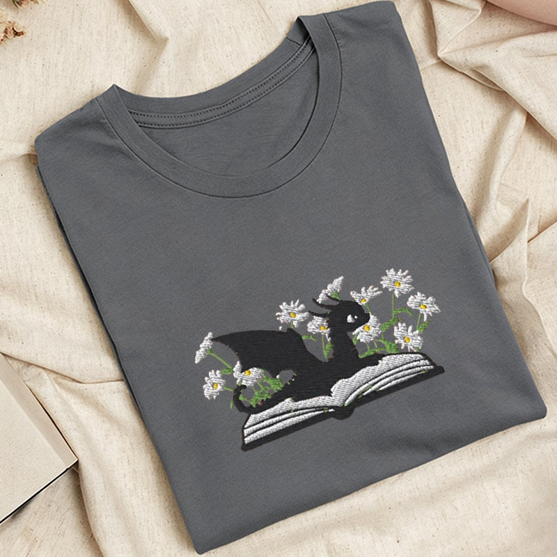 Embroidered Floral Dragon Book Classic Adult Unisex Crew Neck T-Shirt