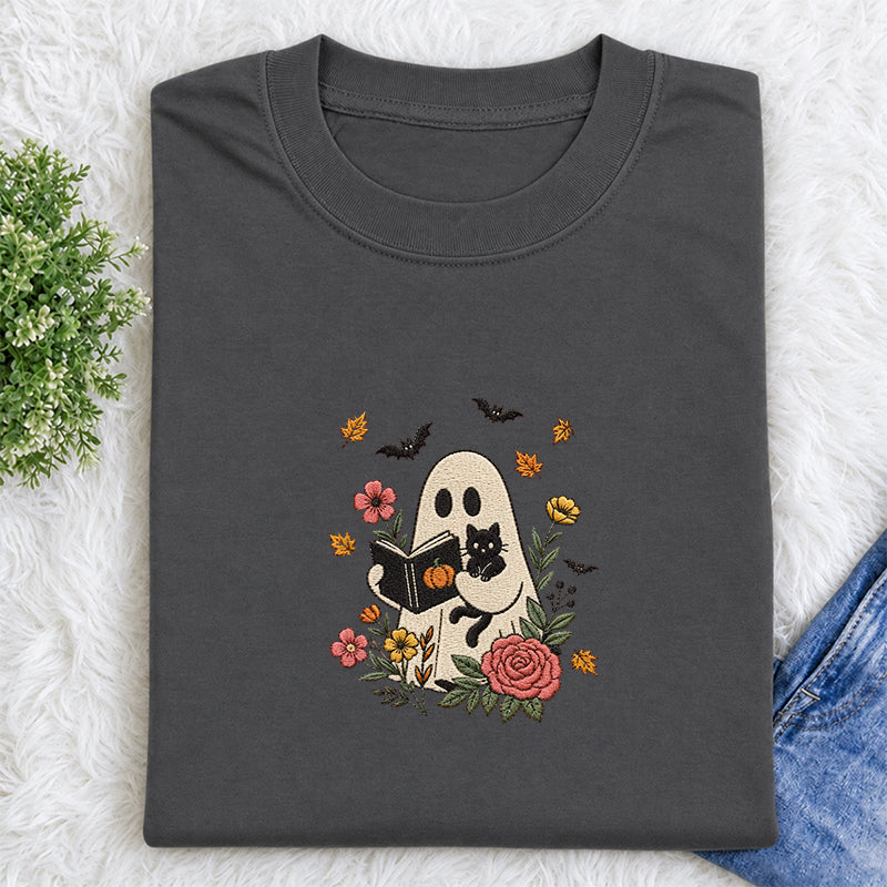 Embroidered Floral Ghost Reading Classic Crew Neck T-Shirt
