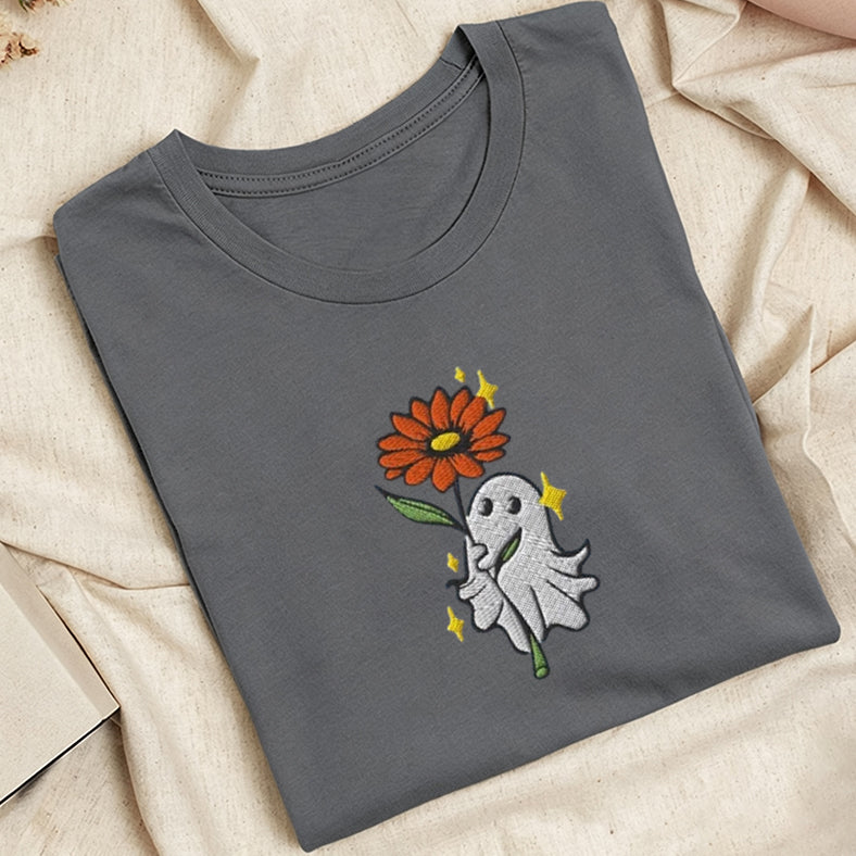 Embroidered Ghost Holding a Flower Classic Adult Unisex Crew Neck T-Shirt