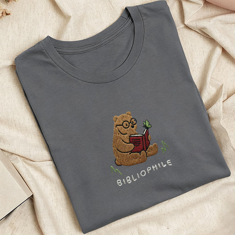 Embroidered Reading Bear Classic Adult Unisex Crew Neck T-Shirt