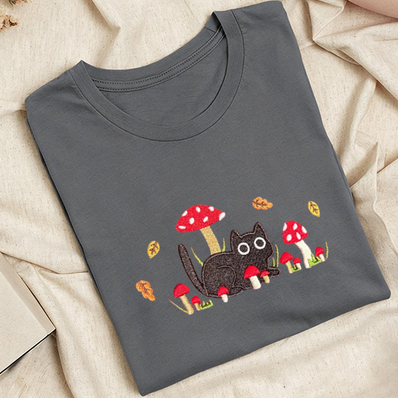 Embroidered Mushroom Cat Classic Adult Unisex Crew Neck T-Shirt