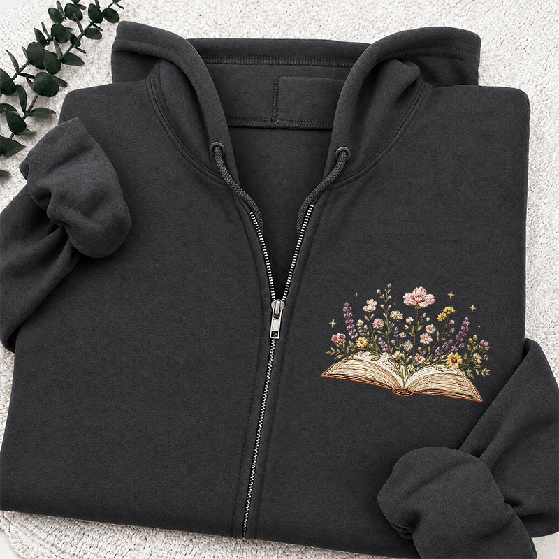Embroidered Floral Book Adult Unisex Full Zip Hoodie