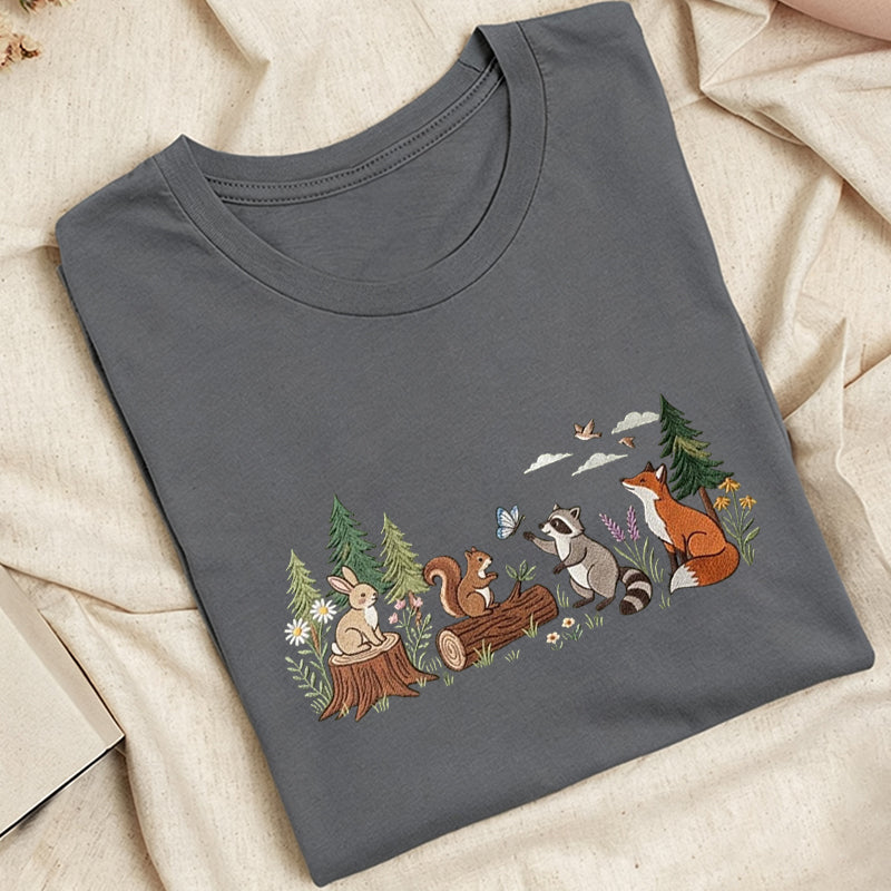 Embroidered Woodland Animals Classic Adult Unisex Crew Neck T-Shirt