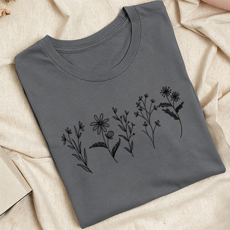 Embroidered Flower Lines Classic Adult Unisex Crew Neck T-Shirt