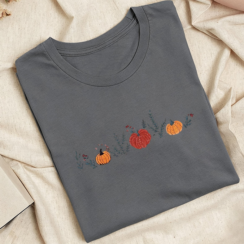 Embroidered Fall Enchanted Pumpkins Classic Adult Unisex Crew Neck T-Shirt