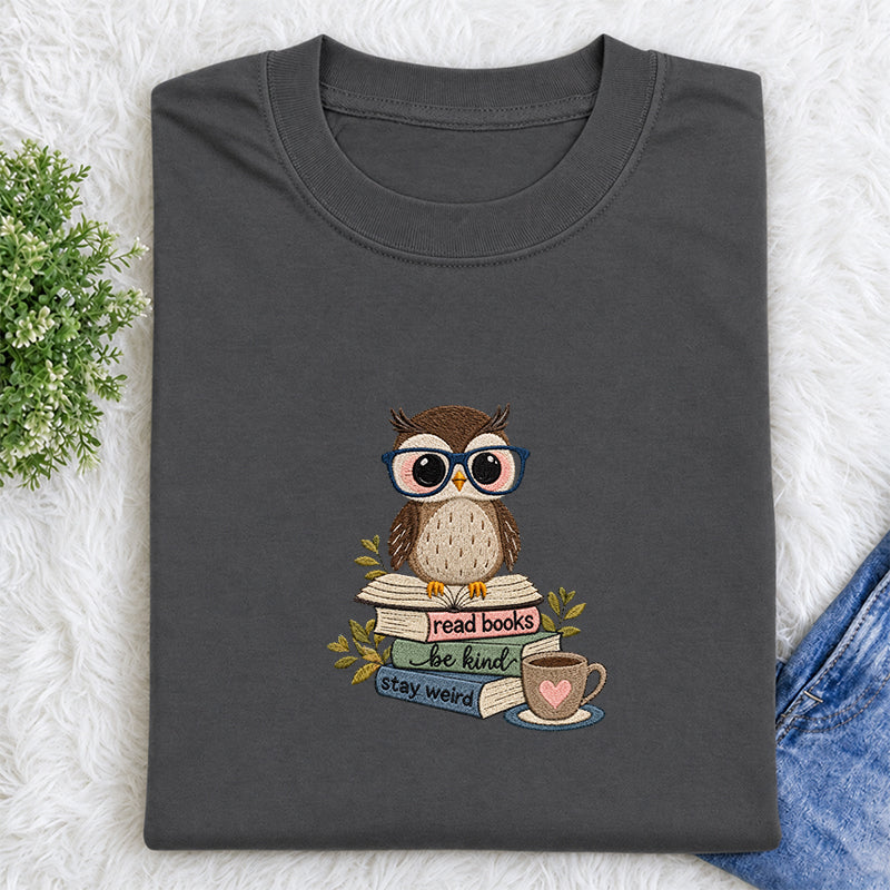 Embroidered Read Books Be Kind Owl Classic Crew Neck T-Shirt