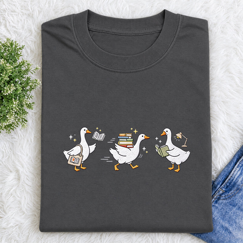 Embroidered Goose Reading Books Classic Crew Neck T-Shirt