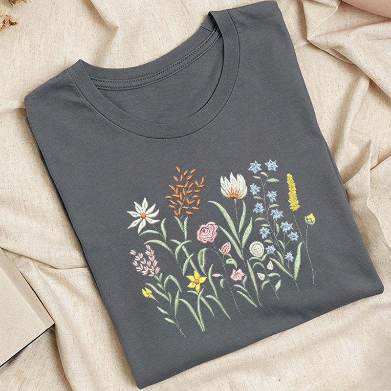 Embroidered Cute Wildflowers Classic Adult Unisex Crew Neck T-Shirt