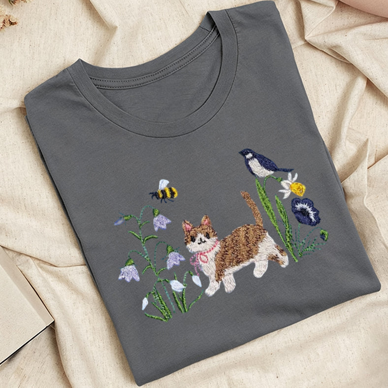 Embroidered Cat Wildflower Classic Adult Unisex Crew Neck T-Shirt