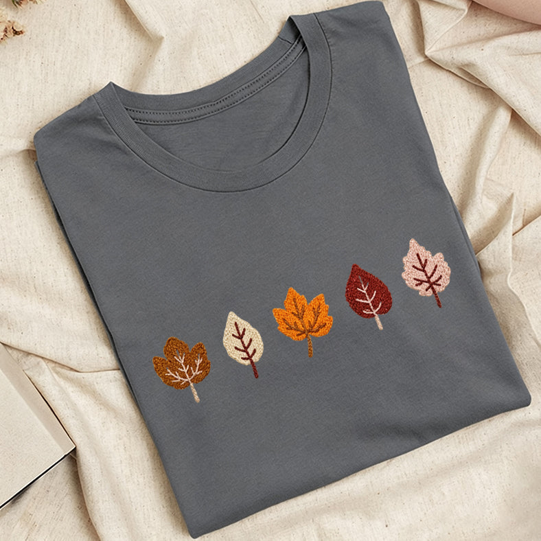 Embroidered Fall Leaves Classic Adult Unisex Crew Neck T-Shirt