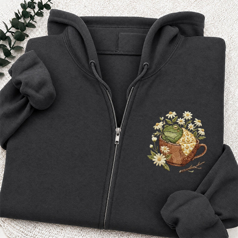 Embroidered Frog in Teacup Classic Adult Unisex Full Zip Hoodie