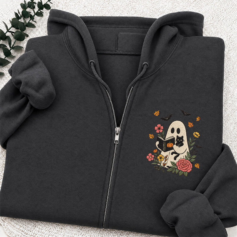 Embroidered Floral Ghost Reading Classic Full Zip Hoodie
