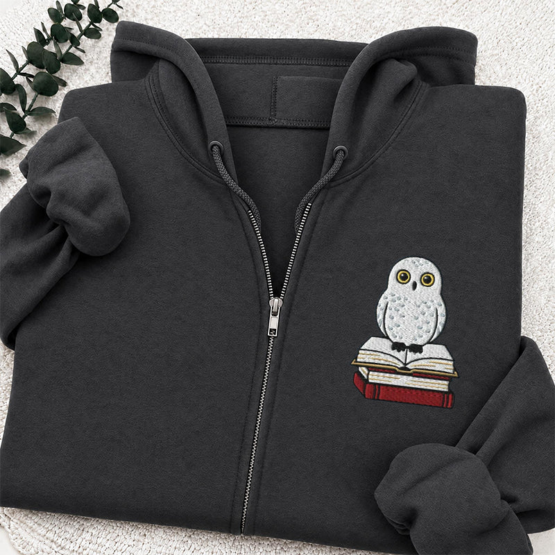 Embroidered Snow Owl On Bookstack Classic Full Zip Hoodie