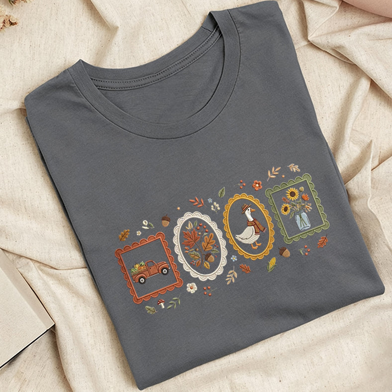 Embroidered Autumn Postcards Classic Adult Unisex Crew Neck T-Shirt